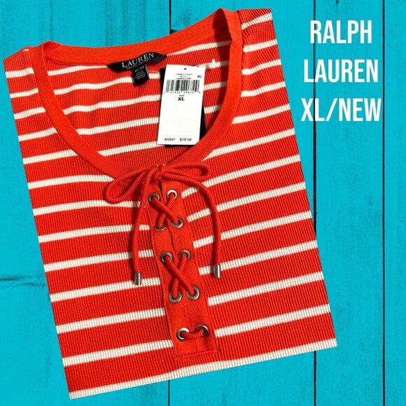NEW-Ralph Lauren XL Womens Top Waffle-Knit Orange Striped Puff-Sleeve Shirt-$79 - Picture 3 of 11